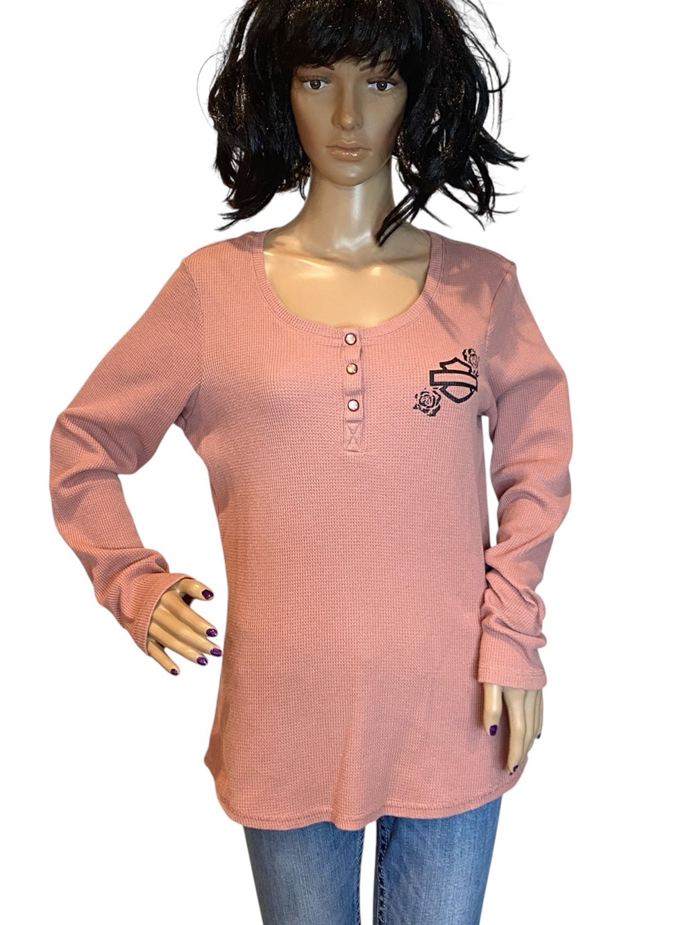 Harley Davidson Fireside Thermal Waffle Knit Henley Top Shirt Ash Rose Large EUC